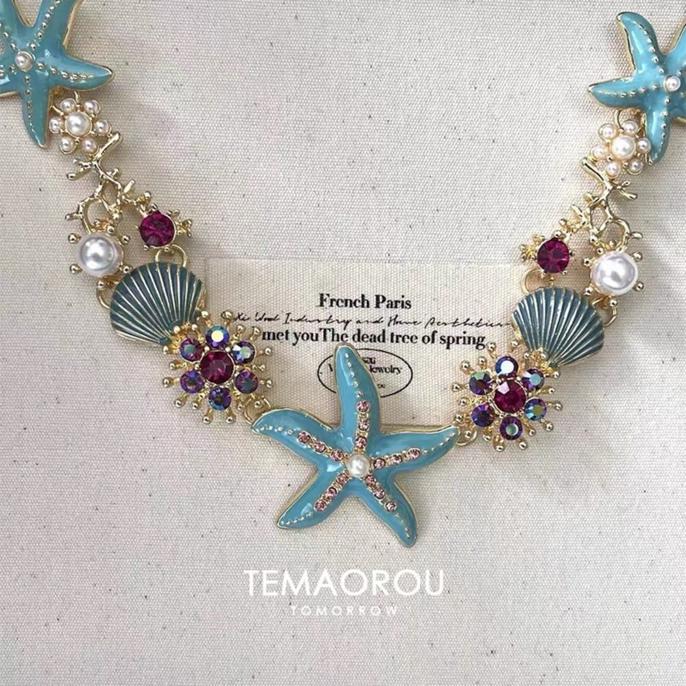 Starfish and Shell Necklace - Blue and Gold